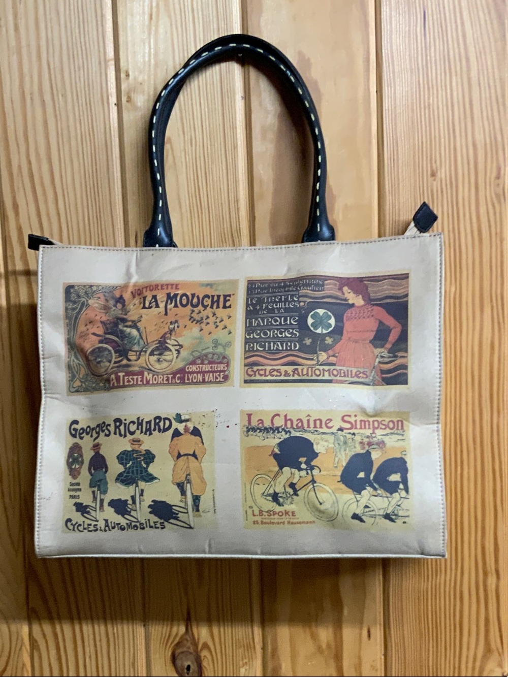 Vintage Style Cream Graphic Tote Bag with Black Handles
